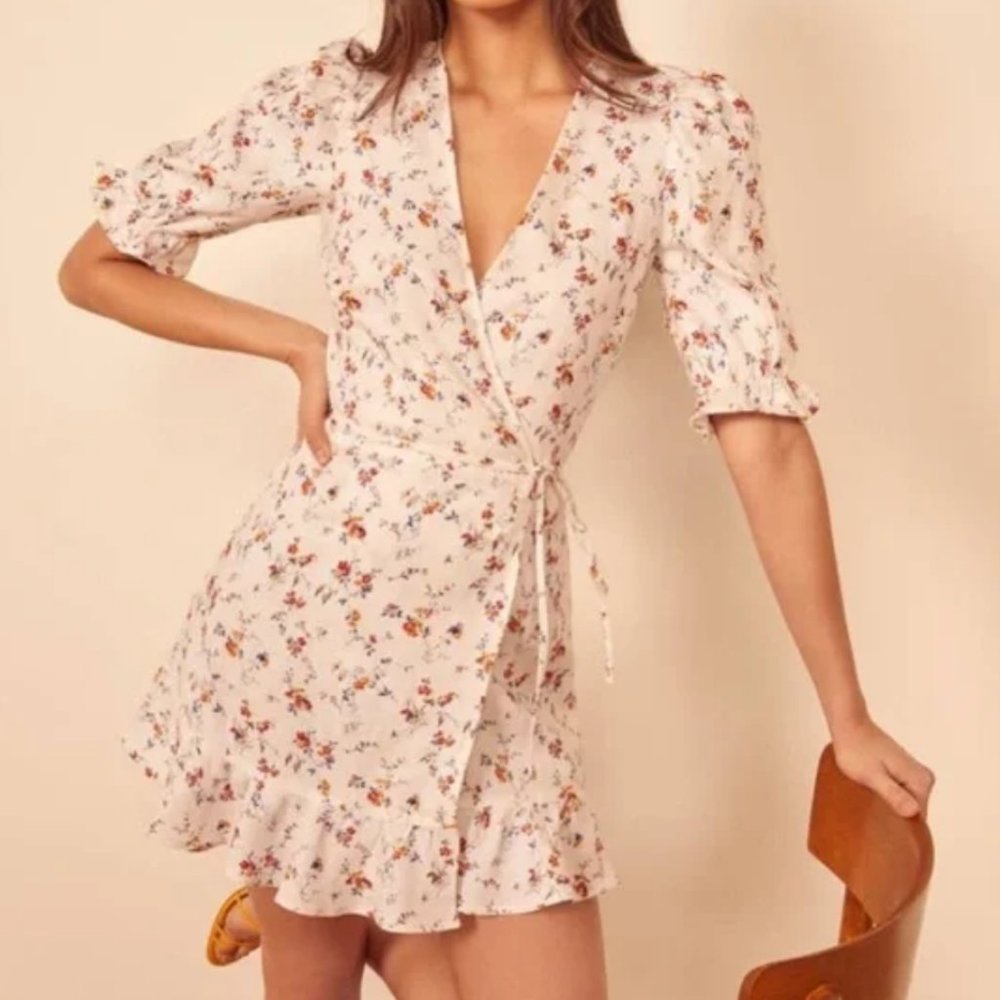 Reformation Carmelo 100% Linen White Floral Print Ruffle Mini Dress Size S